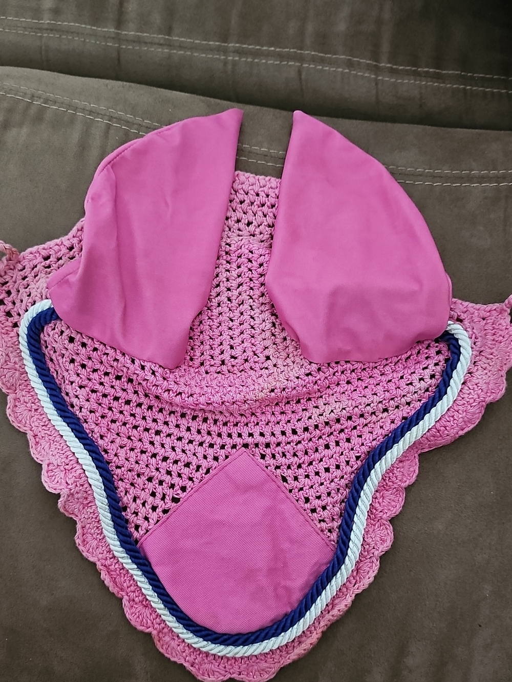 Horse Ear Bonnet, Pink Crochet With Navy And White Corded Trim